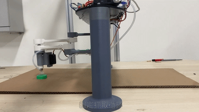 Side view of the completed five-bar SCARA robot moving its end effector