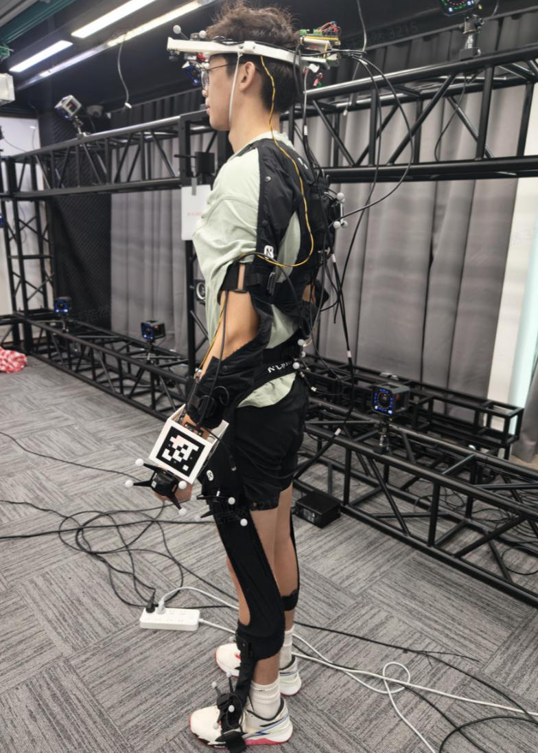 Participant wearing the head-wrist capture system inside the external motion-capture volume