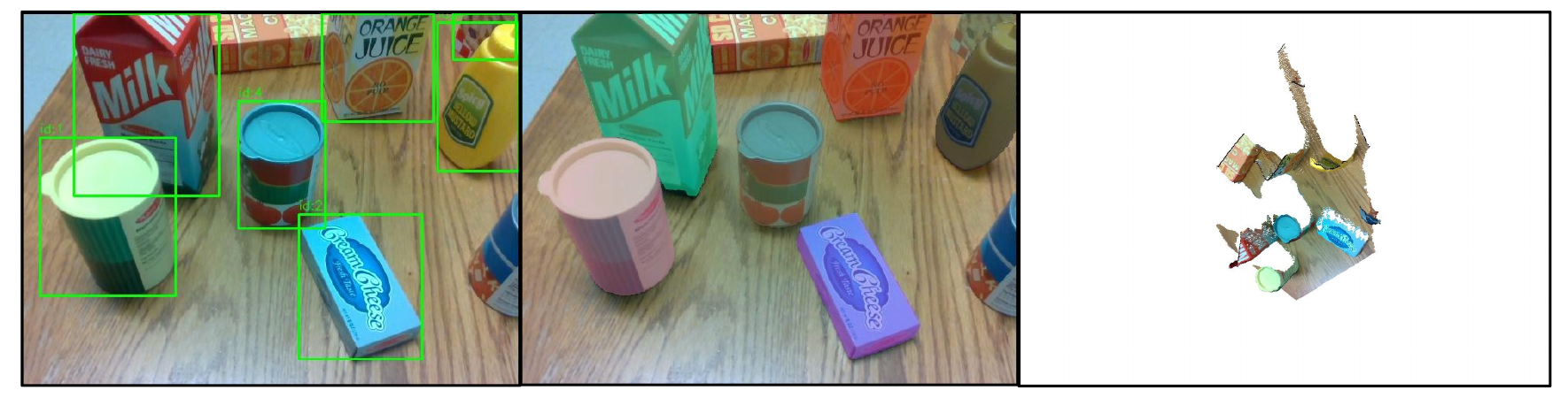 Geometry-based object segmentation, refined masks, and reconstructed 3D point cloud