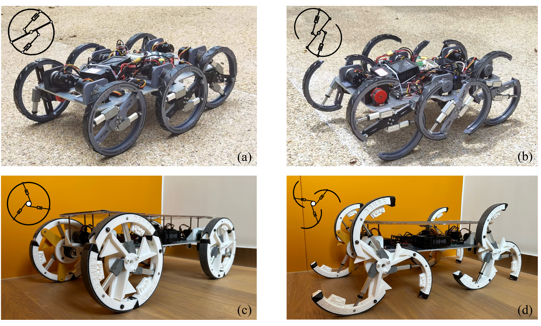 SWhegPro and SWhegPro3 robots shown in wheel and leg configurations